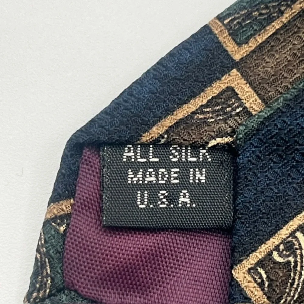 Guy Laroche Diffusion Mens Silk Tie Geometric Paisley Patchwork Blue Green Brown